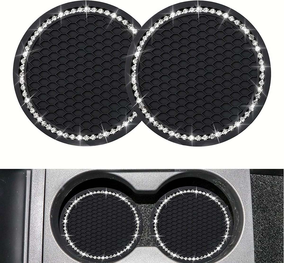 2PCS Bling Car Cup Coaster, Universal Vehicle Bling Holder Insert,2.75 Inch Rhinestone anti Slip Silicone Insert,Suitable for Most Car Interior,Best Gift Car Bling for Women, Black, 2 Pack