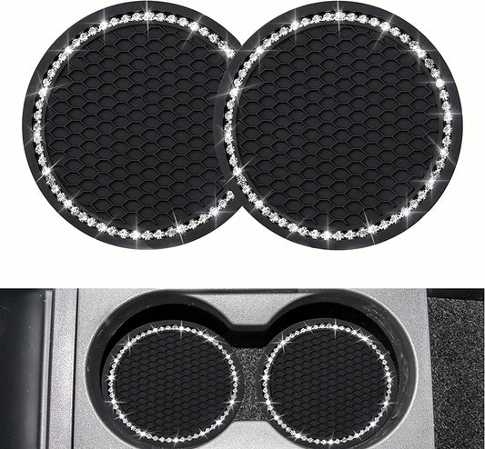 2PCS Bling Car Cup Coaster, Universal Vehicle Bling Holder Insert,2.75 Inch Rhinestone anti Slip Silicone Insert,Suitable for Most Car Interior,Best Gift Car Bling for Women, Black, 2 Pack