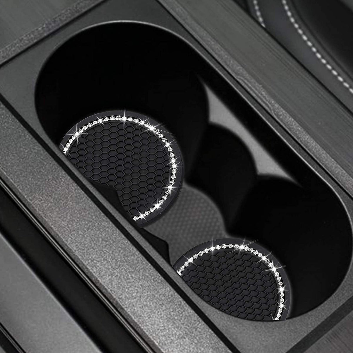 2PCS Bling Car Cup Coaster, Universal Vehicle Bling Holder Insert,2.75 Inch Rhinestone anti Slip Silicone Insert,Suitable for Most Car Interior,Best Gift Car Bling for Women, Black, 2 Pack