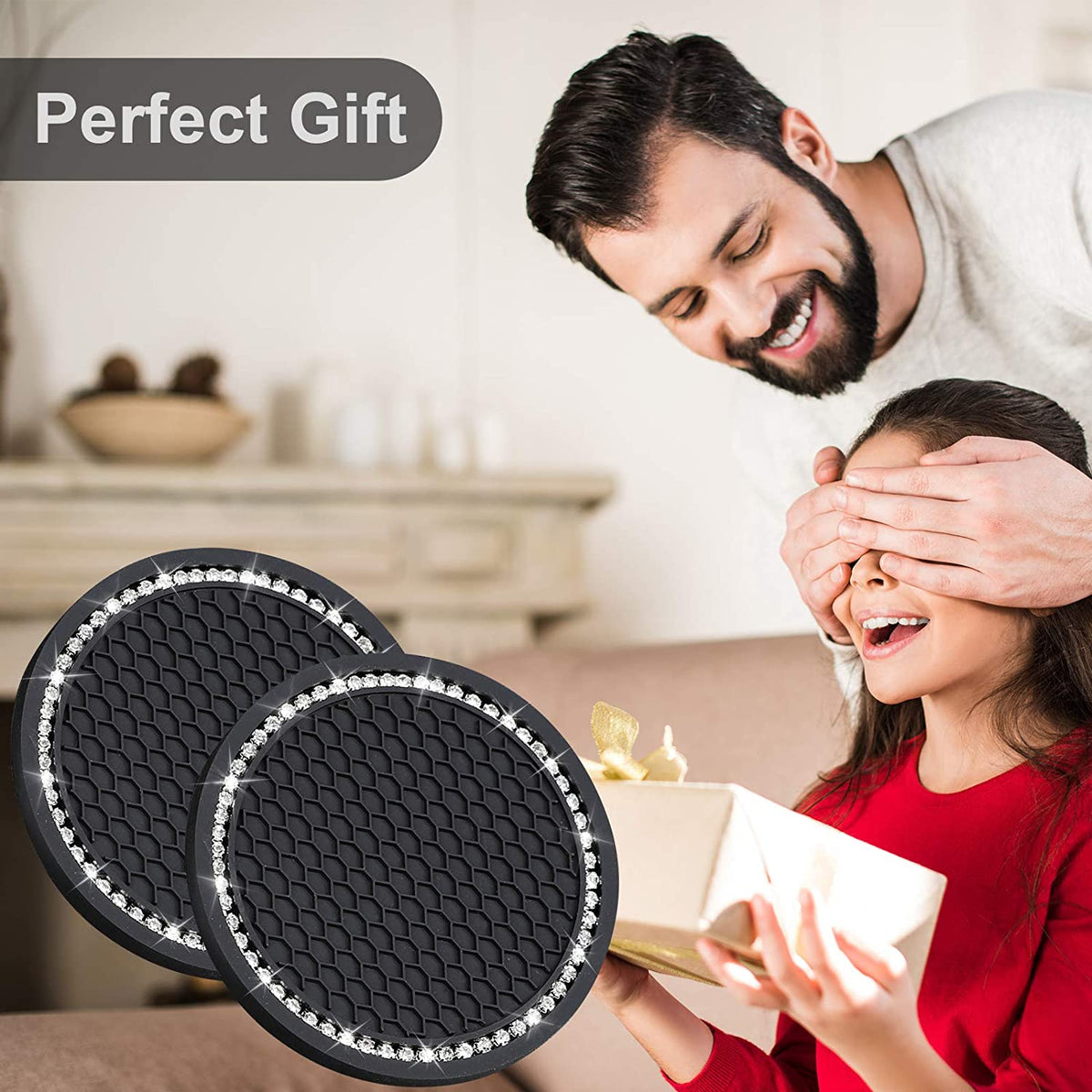 2PCS Bling Car Cup Coaster, Universal Vehicle Bling Holder Insert,2.75 Inch Rhinestone anti Slip Silicone Insert,Suitable for Most Car Interior,Best Gift Car Bling for Women, Black, 2 Pack